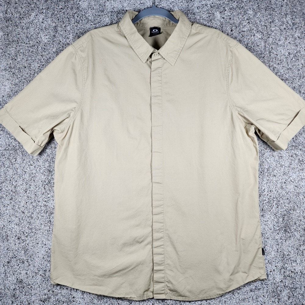 Oakley Button Down Shirt Mens 2XL Khaki Ripstop Hidden Placket Good
